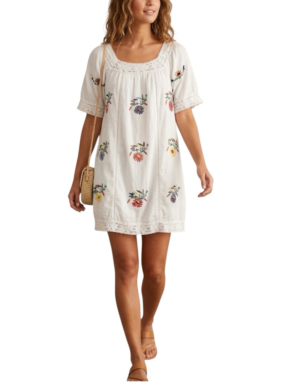 2 Chic Luxe Boho White Multi Floral Embroidered Crochet Shift Dress S/M …